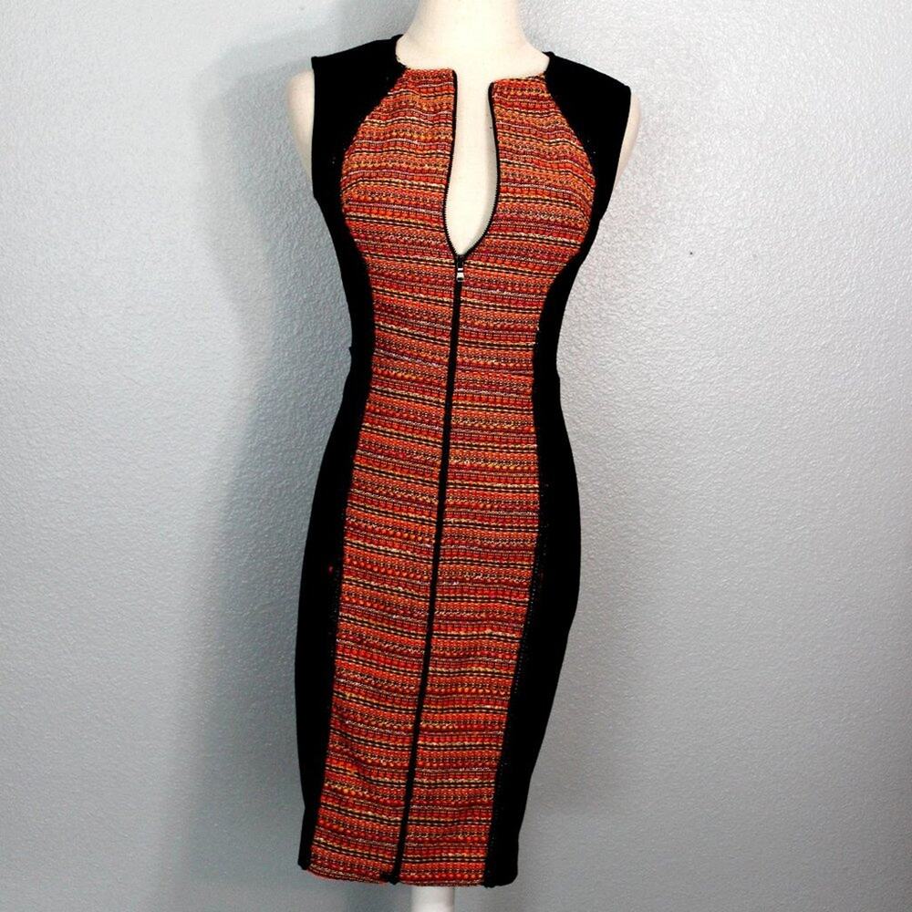 Rachel Roy Orange Tweed Panel Bodycon Sheath Dress Size 0